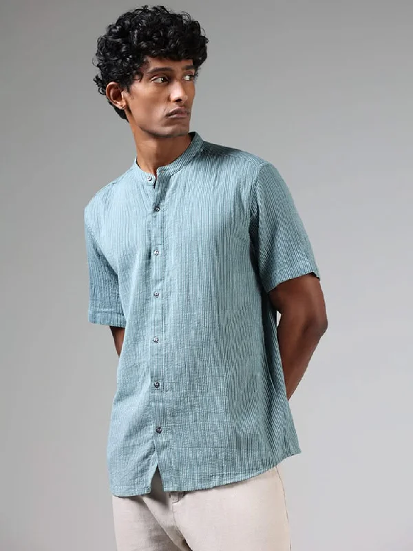 Weekend Bargains Galore ETA Teal Blue Striped Cotton Resort-Fit Shirt