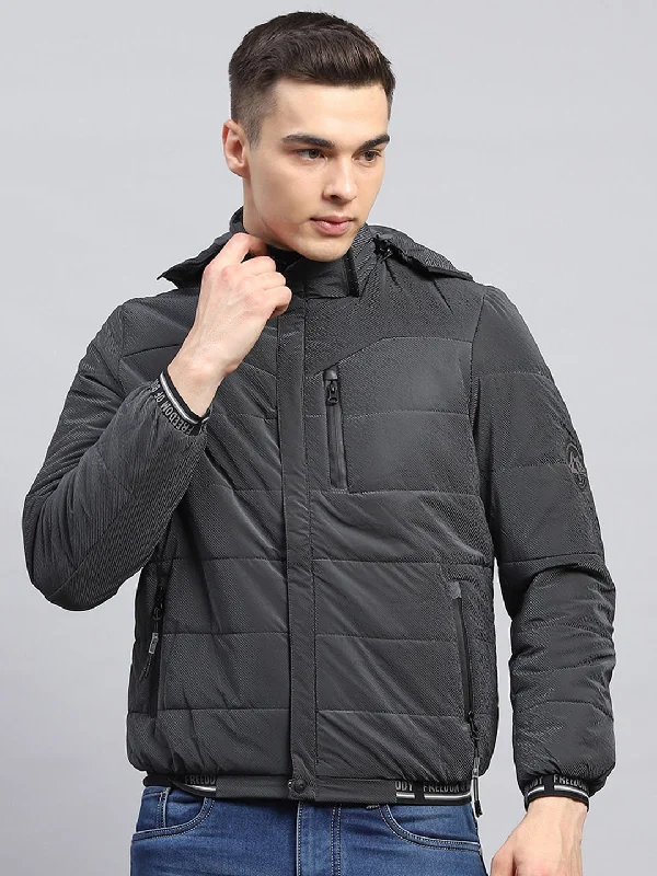 Weekend Deals That Amaze Men Grey Self Design Detachable Hood Full Sleeve Jacket