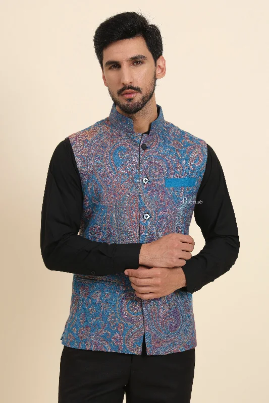 While Supplies Last Pashtush Mens Woven Jacquard Waistcoat, Structured Slim Fit, Sapphire Blue