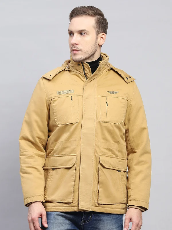Time-Limited Offer Men Mustard Solid Detachable Hood Full Sleeve Jacket