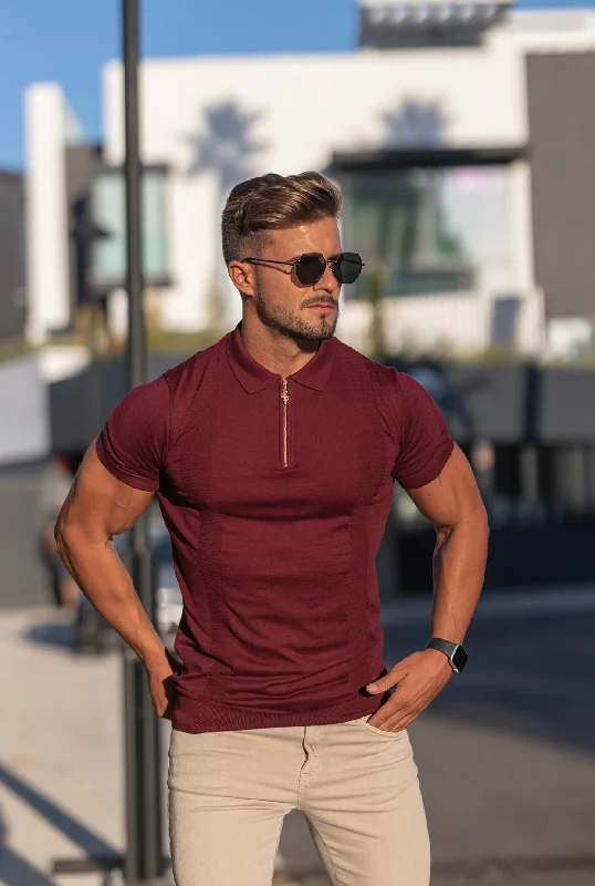 Weekend Discounts to Celebrate Father Sons Classic Fig Burgundy and Gold Zip Knitted Short Sleeve Polo - FSH466 Weekend Discounts to Celebrate Father Sons Classic Fig Burgundy and Gold Zip Knitted Short Sleeve Polo - FSH466