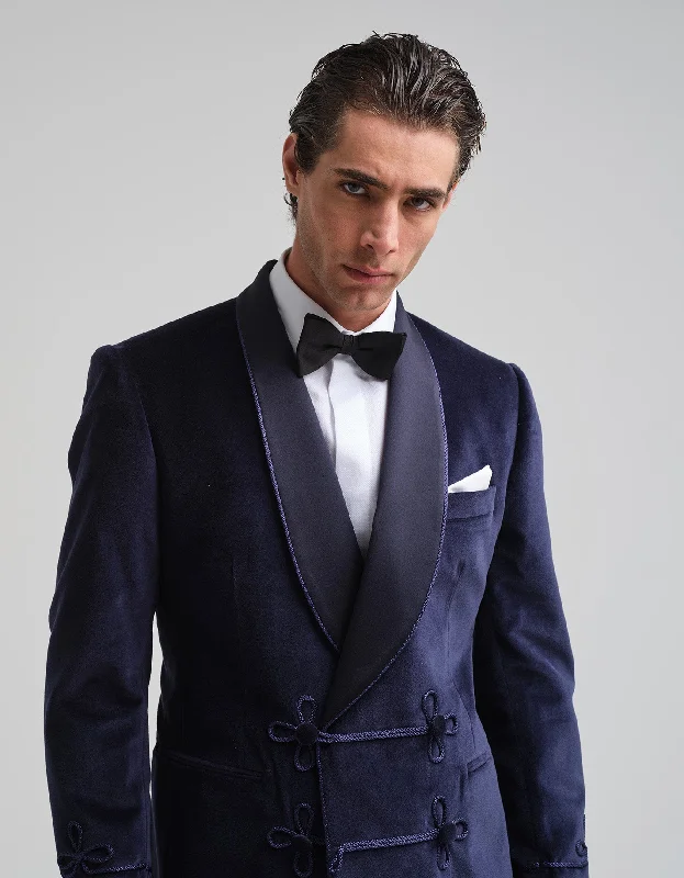Early Access Navy Velvet Double-Breasted Smoking Jacket GOLD