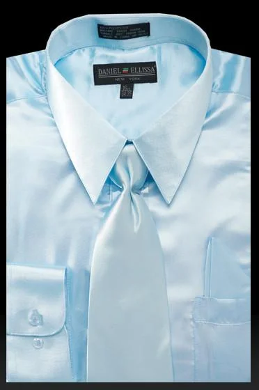 One-Day Only Men's Light Blue Satin Dress Shirt with Tie & Handkerchief