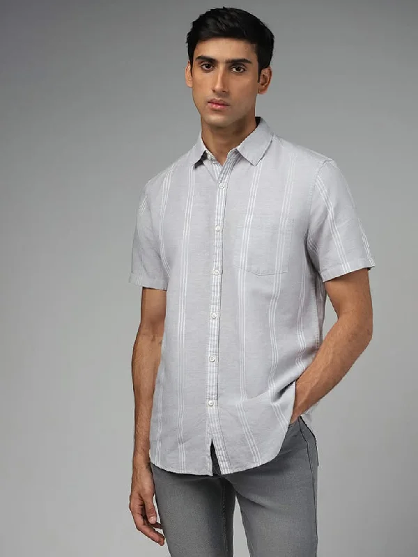 YEAR-End Clearance WES Casuals Light Grey Striped Slim-Fit Blended Linen Shirt