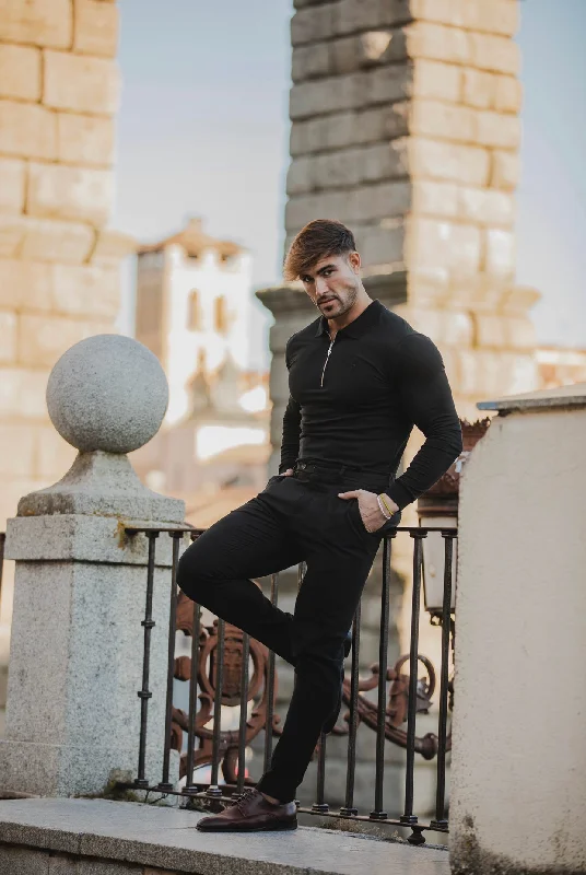 Online Deal Father Sons Classic Black Zipped Polo Long Sleeve Shirt - FSH025