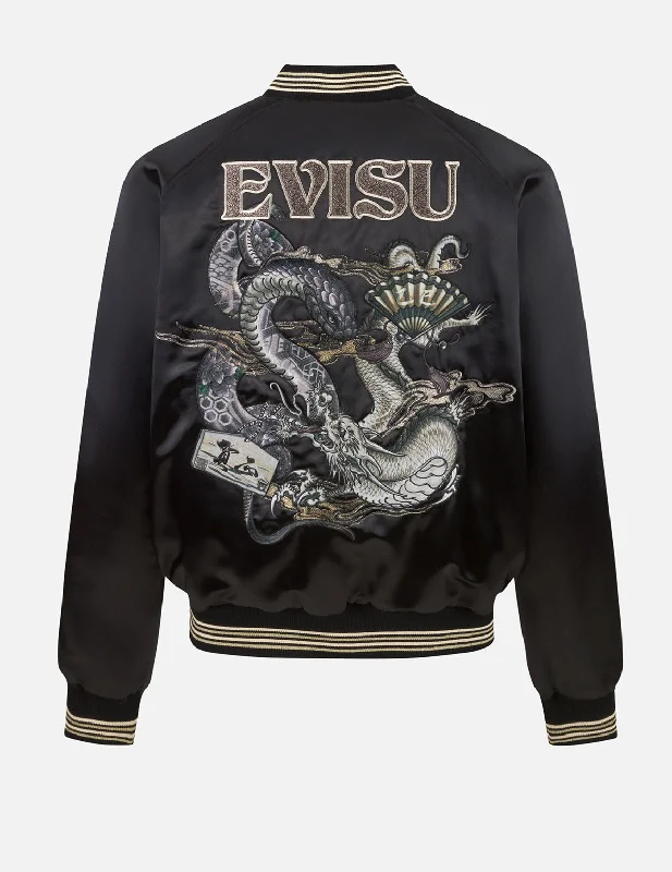 Super Bargain Soaring Snake Embroidery and Traditional Japanese Totem Prints Reversible Relax Fit Souvenir Jacket - Black