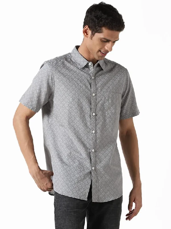 Weekend Specials to Delight WES Casuals Floral Printed Grey Slim-Fit Blended Linen Shirt
