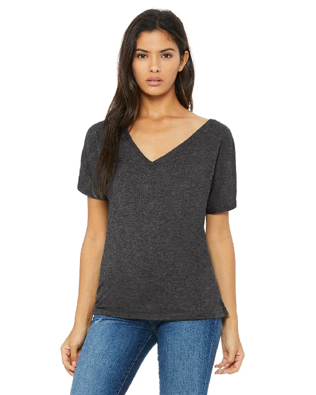Bonus Offer Bella+Canvas Ladies Flowy Simple V-Neck T-Shirt | Dark Gry Heather