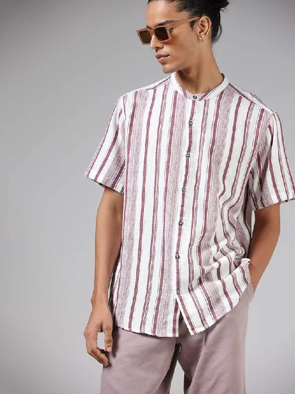Weekend Deal ETA Maroon & White Striped Cotton Resort-Fit Shirt