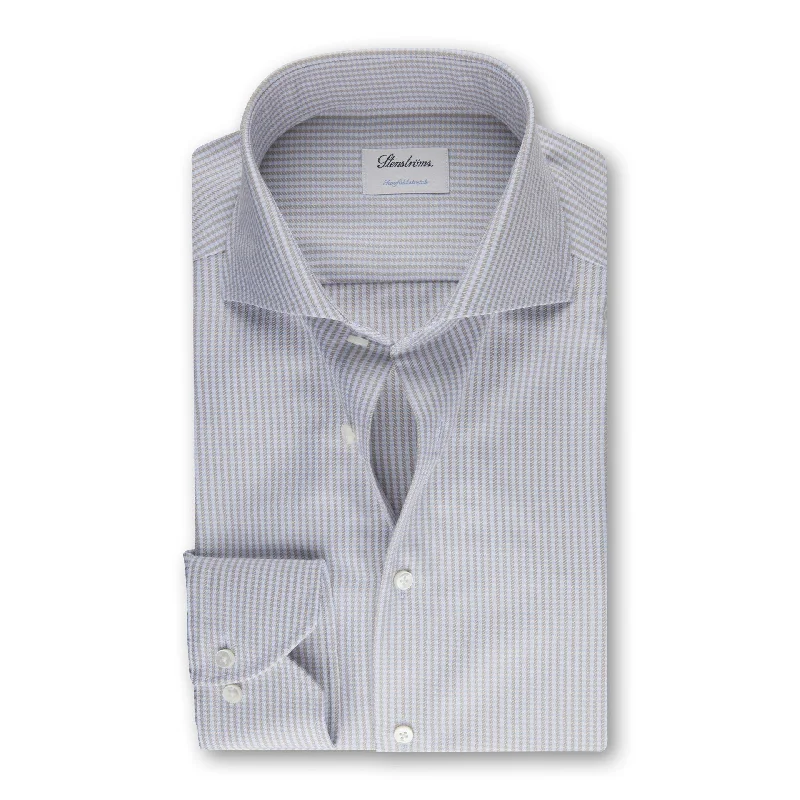 Midnight Madness Light Beige Houndstooth Stretch Twill Fitted Body Shirt - Stenströms