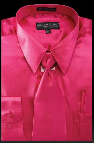 Price Reduction Men's Fuchsia Satin Dress Shirt with Tie & Handkerchief