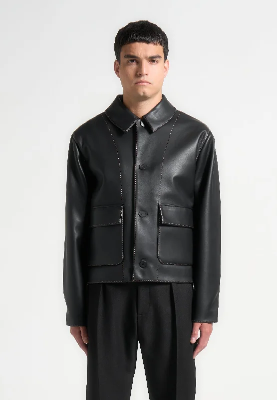 Weekend Discounts to Snag Leather Contrast Stitch Jacket - Black
