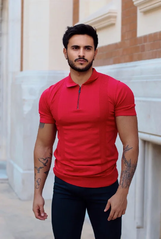 Weekend Specials to Savor Father Sons Classic Red and Black Zip Knitted Short Sleeve Polo - FSH467 Weekend Specials to Savor Father Sons Classic Red and Black Zip Knitted Short Sleeve Polo - FSH467