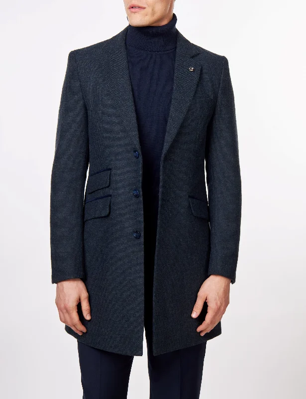 Seasonal Clearance NESTOR – NAVY TWEED WOOL BLEND OVERCOAT