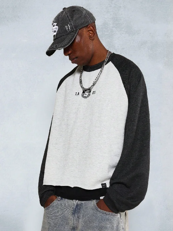 Now or Never Crop Fit Raglan Raw Edge Sweatshirt With Front Embroidery