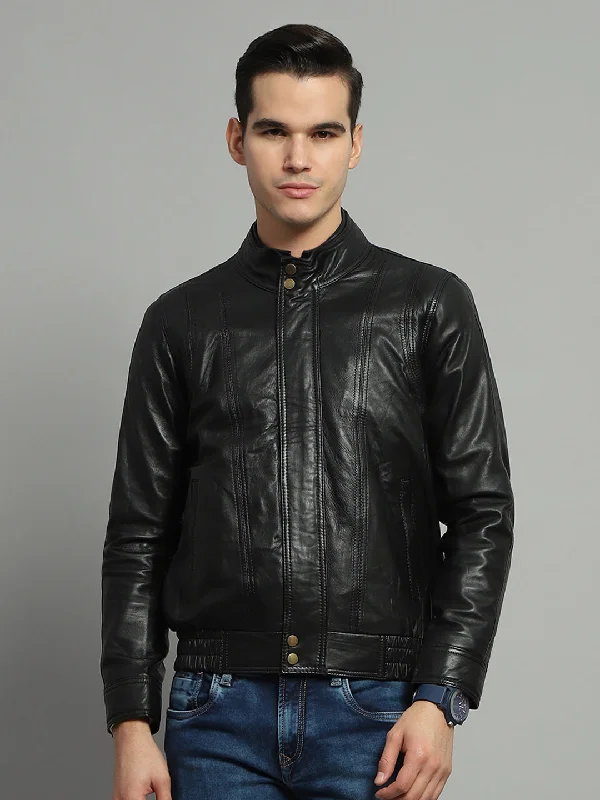 Year-End Clearance Men Black Solid Mock Neck Full Sleeve Jacket