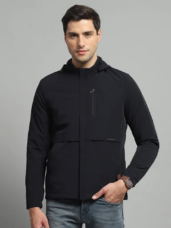 Best Seller Men Navy Blue Solid Detachable Hood Full Sleeve Jacket