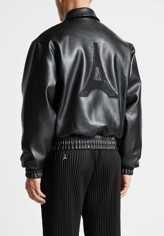 Special Discount Eiffel Rhinestone Varsity Jacket - Black