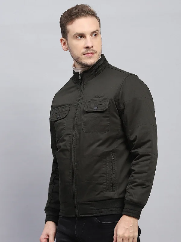 Act Fast Men Olive Solid Mock Neck Full Sleeve Jacket