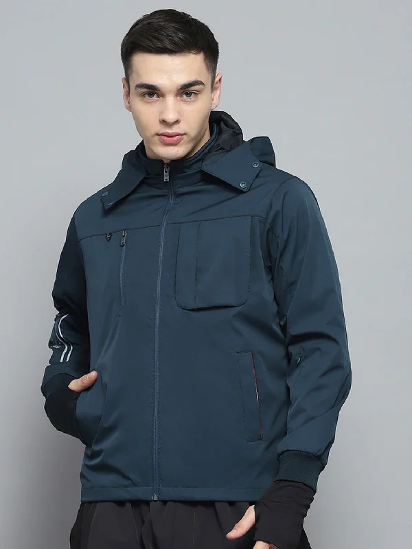 Extra Savings Men Teal Blue Solid Detachable Hood Full Sleeve Jacket