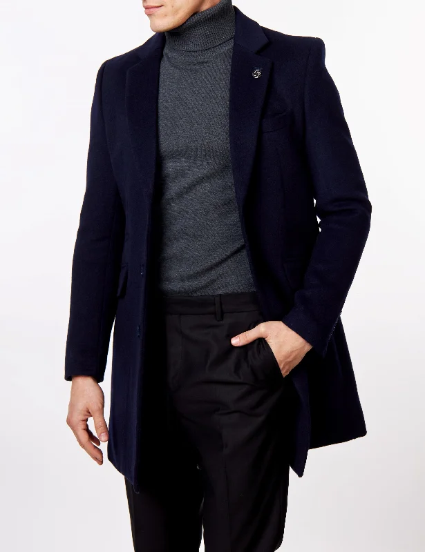Deal Explosion NATE - NAVY LONG WOOL BLEND OVERCOAT