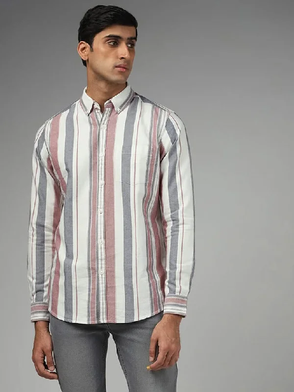 Unbeatable Prices WES Casuals Off White Striped Cotton Slim-Fit Shirt
