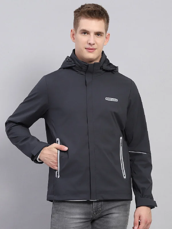 Take Action Men Grey Solid Detachable Hood Full Sleeve Jacket