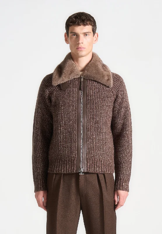 Weekend Specials to Enjoy Plush Collar Wool Knit Jacket - Brown
