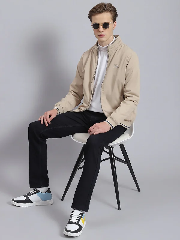 Shop the Weekend Away Men Beige Solid Stand Collar Full Sleeve Jacket