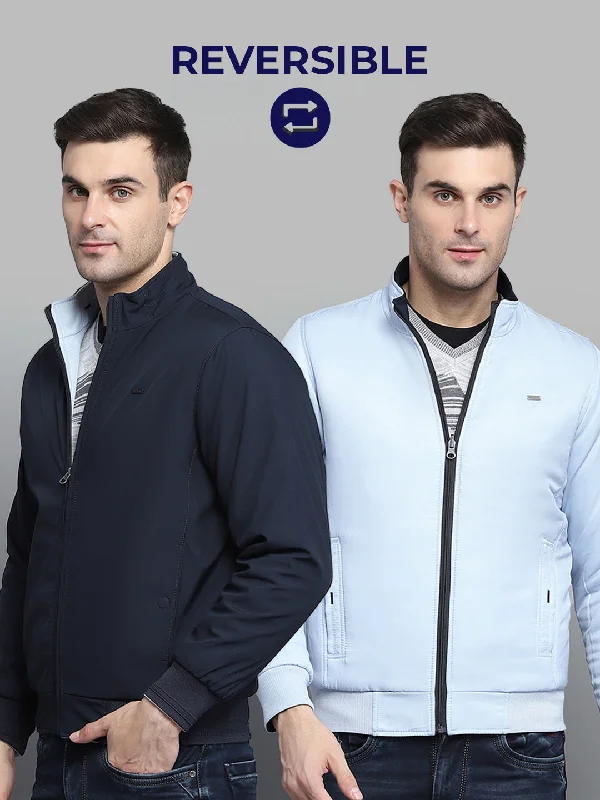 YEAR-End Sale Men Navy Blue Solid Mock Neck Full Sleeve Jacket