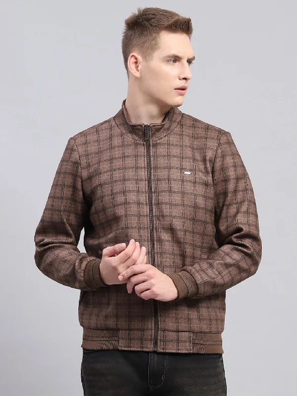 Weekend Savings Galore Men Brown Check Mock Neck Full Sleeve Jacket