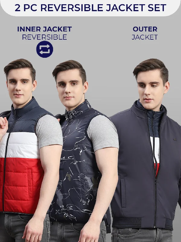 Mega Sale Men Grey Solid Stand Collar Full Sleeve Reversible Jacket - 2 Pc set