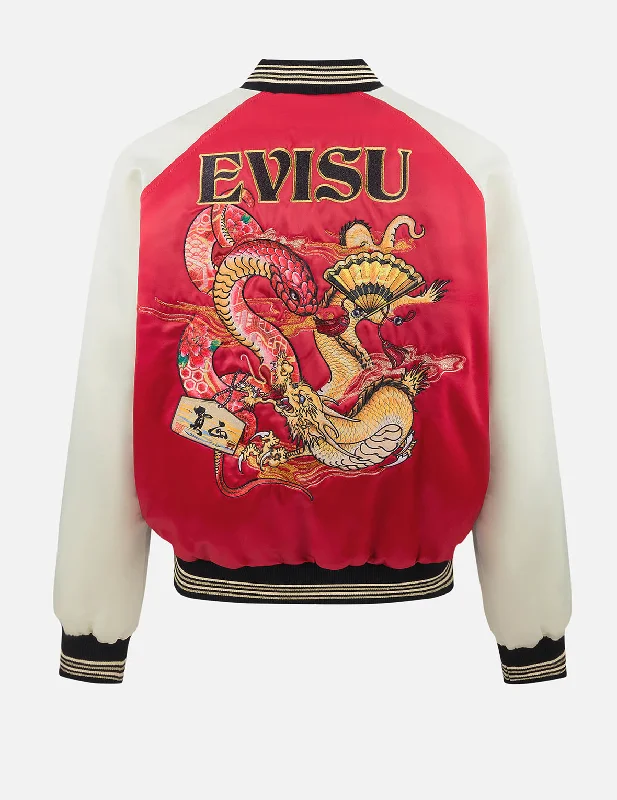 Limited Time Offer Soaring Snake Embroidery and Traditional Japanese Totem Prints Reversible Relax Fit Souvenir - RedJacket