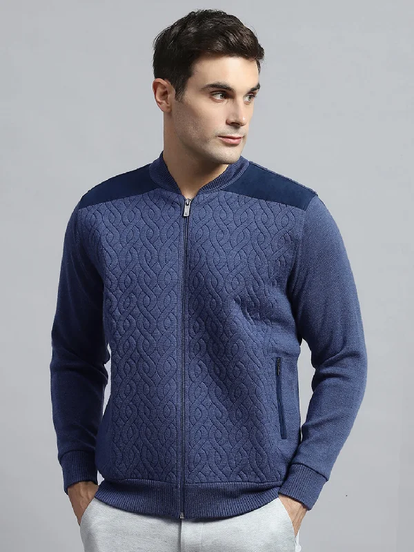 Epic Deals Men Blue Self Design Round Neck Full Sleeve Jacket