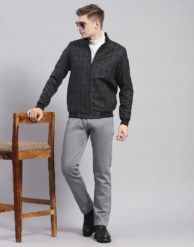 Midnight Sale Men Grey Check Mandarin Collar Full Sleeve Jacket