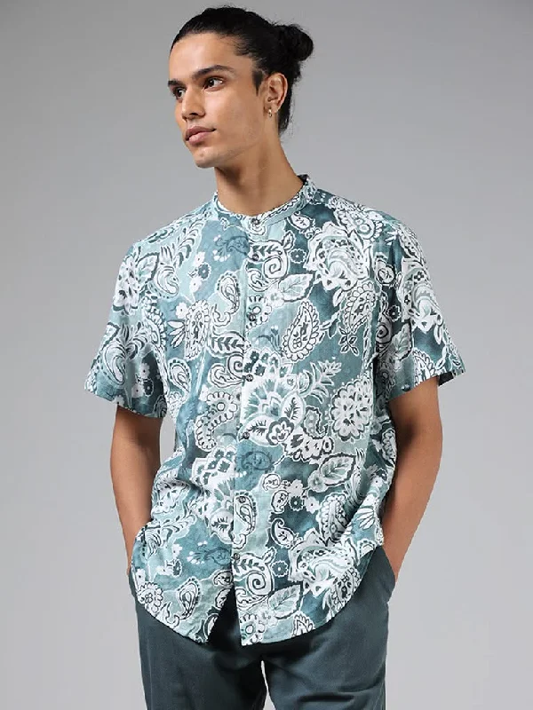 Weekend Offers That Shine ETA Teal Blue Paisley Floral Printed Cotton Relaxed-Fit Shirt