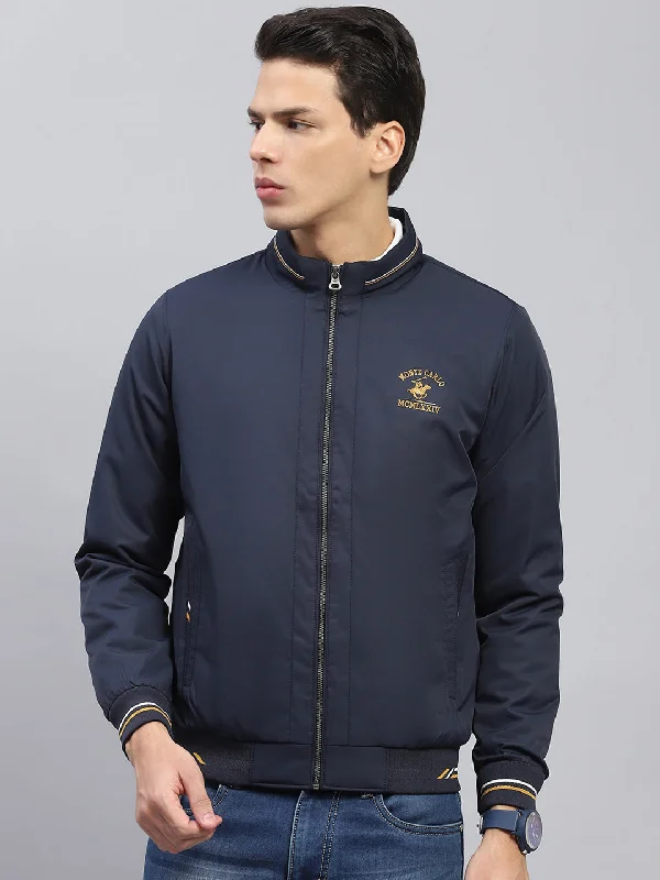 Weekend Discounts to Delight Men Navy Blue Solid Mock Neck Full Sleeve Jacket