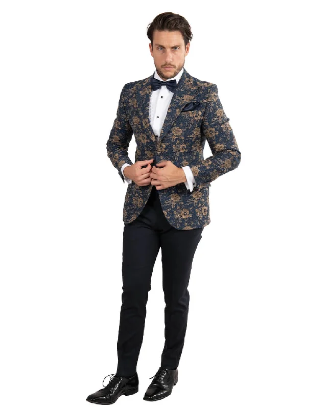 Savings Event Blue With Gold Roses Brocade Evening Jacket