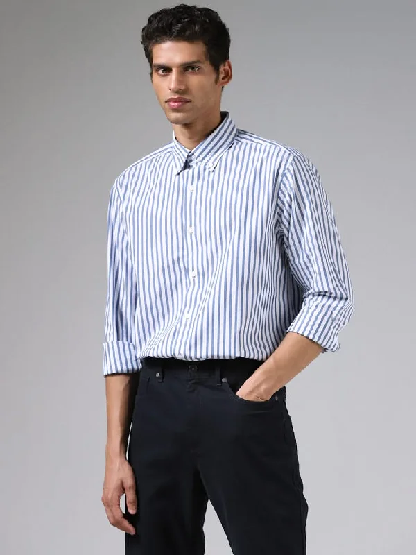 Markdowns Ascot White and Blue Striped Cotton Relaxed-Fit Shirt