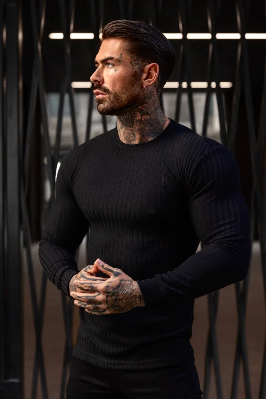 Markdowns Father Sons Classic Black Ribbed Knit Jumper With Tonal Embroidery - FSH940 Markdowns Father Sons Classic Black Ribbed Knit Jumper With Tonal Embroidery - FSH940