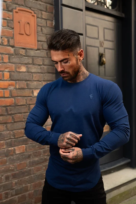 Best Bargains Father Sons Classic Navy Tonal Curved Hem Long Sleeve Crew T Shirt - FSH997