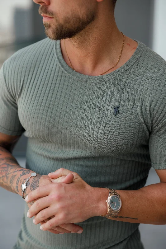 Bargain Bin Father Sons Classic Olive / Black Ribbed Knit Super Slim Short Sleeve Crew - FSH1089 Bargain Bin Father Sons Classic Olive / Black Ribbed Knit Super Slim Short Sleeve Crew - FSH1089
