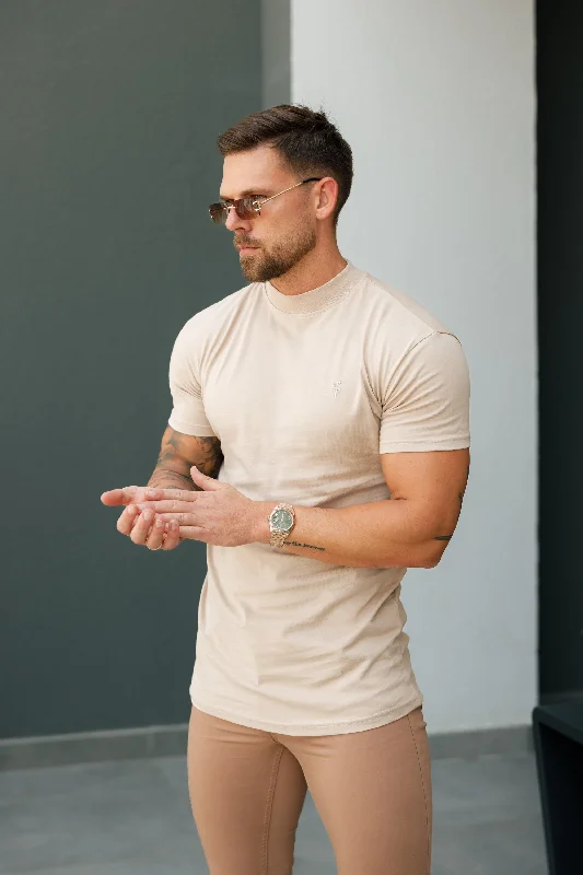 Value Deals FS Ribbed High Neck Crew Short Sleeve Beige - FSH1141
